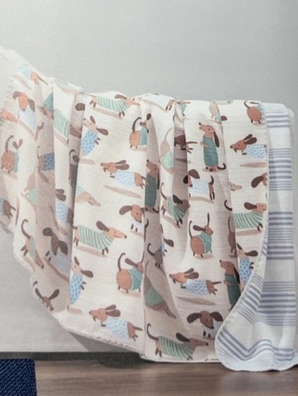 Cotton Gauze Throw Blanket - Blue, Cream Dachshund Print - Picture 3 of 7